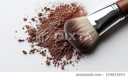 Makeup powder in a brown color with a brush on a white background.  124633053