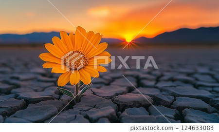 A single yellow flower growing in the cracked earth of an arid desert.  124633083
