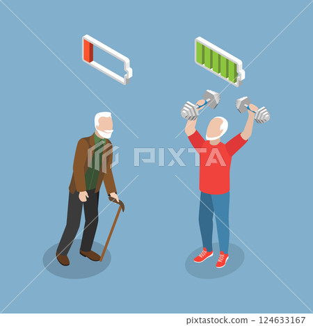 3D Isometric Flat Vector Illustration of Active And Inactive Person in Old Age, Happy and Healthy Aging 124633167