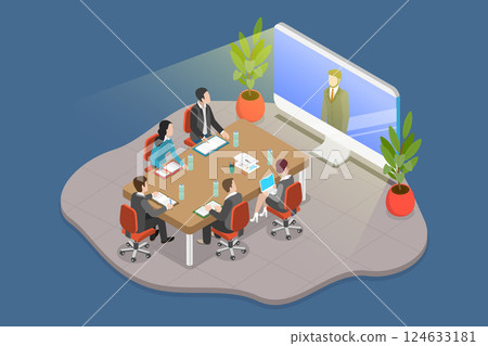 3D Isometric Flat Vector Illustration of Corporate Video Conference, Meeting Online, Teleconference 124633181