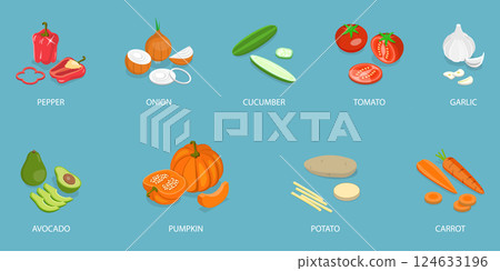 3D Isometric Flat Vector Set of Fresh Sliced Vegetables, Healthy Food 3D Isometric Flat Vector Set of Fresh Sliced Vegetables, Healthy Food 124633196