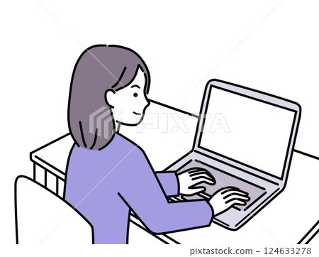 A woman in casual clothes working from home on a laptop 124633278