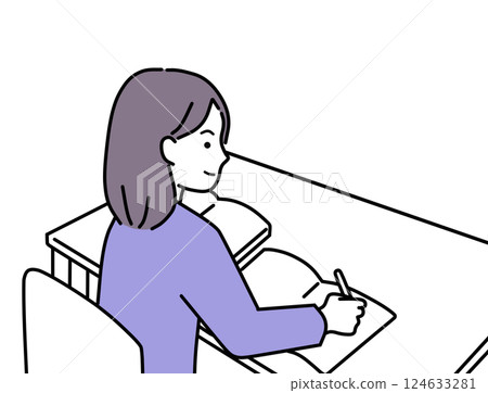 A woman studying by looking at a reference book and writing in a notebook A woman studying by looking at a reference book and writing in a notebook 124633281