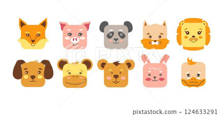 Square animal faces icon set. Flat clipart illustration mobile ui game application. Cute cartoon square shape kawaii kids avatar character collection on isolated background. Vector 124633291