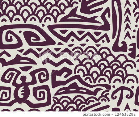Polynesian motifs. Tiki seamless pattern. Aztec textile print.Geometric, vector background. Suitable for printing on fabric and paper, for parties. Polynesian motifs. Tiki seamless pattern. Aztec textile print.Geometric, vector background. Suitable for printing on fabric and paper, for parties. 124633292