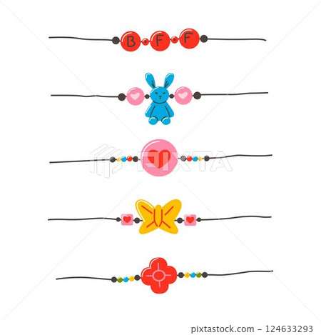 Friendship bracelet vector set. Handmade jewelry. Doodle illustration. Friendship bracelet vector set. Handmade jewelry. Doodle illustration. 124633293