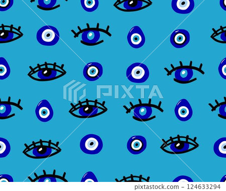 Eyes hand-drawn seamless pattern. Abstract doodle eyes. Vector illustration. 124633294