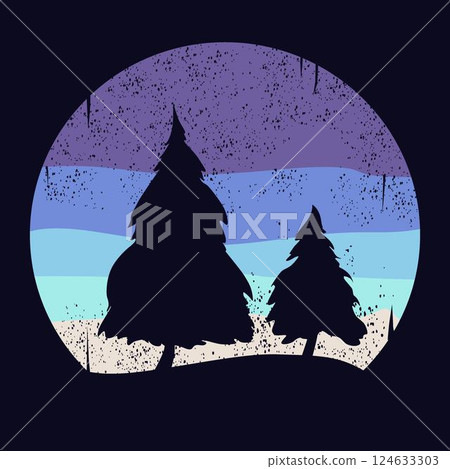 Retro sunset forest. 80s style grunge striped sunsets.Tourism or travel concept, adventure logo. Vector illustration. Retro sunset forest. 80s style grunge striped sunsets.Tourism or travel concept, adventure logo. Vector illustration. 124633303