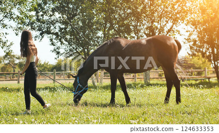 Young girl with a beloved horse on a summer day. 124633353