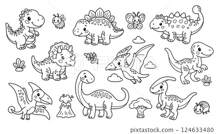 Set of cute cartoon dinosaurs and prehistoric elements for coloring books, crafts and kid activities Set of cute cartoon dinosaurs and prehistoric elements for coloring books, crafts and kid activities 124633480