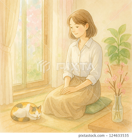 Illustration of a woman spending a peaceful spring afternoon in her room with her cat (peaceful life, watercolor style) 124633535