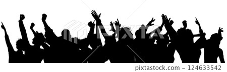 A silhouette of a happy group of young people partying together, dancing, and cheering. A silhouette of a happy group of young people partying together, dancing, and cheering. 124633542