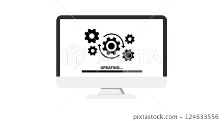 Loading process in computer screen. System software update, data upgrade, or synchronize with progress bar. Loading process in computer screen. System software update, data upgrade, or synchronize with progress bar. 124633556