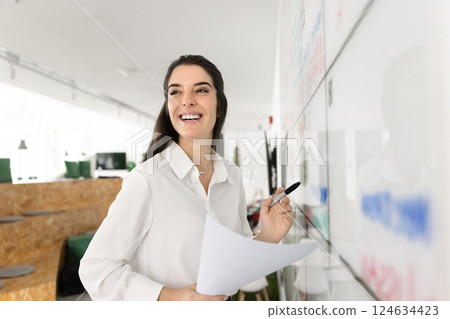 Cheerful Hispanic business leader woman writing on white scrum board 124634423