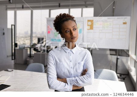 Serious African American businesswoman standing with hands crossed in office 124634446