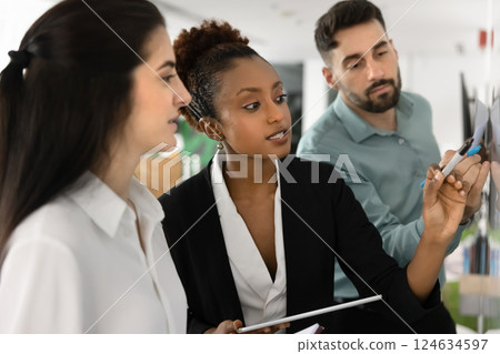 Focused businesswoman presenting project plan on board to team 124634597