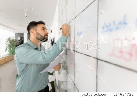 Serious Latin project leader man writing on scrum management board 124634725