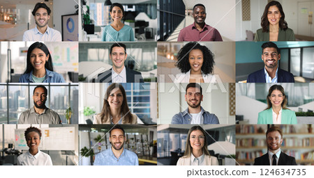 Collage of diverse businesspeople posing in office, multiple faces Collage of diverse businesspeople posing in office, multiple faces 124634735