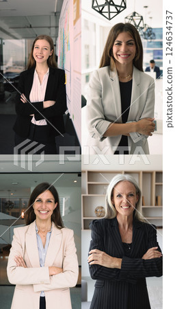 Women posing in office with confidence for camera, vertical collage Women posing in office with confidence for camera, vertical collage 124634737