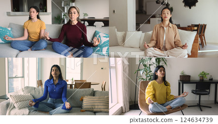 Collage of multiple women engaged in meditation practice at home Collage of multiple women engaged in meditation practice at home 124634739