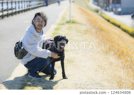 Man walking a dog Man walking a dog 124634806