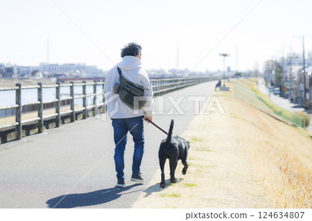 Man walking a dog Man walking a dog 124634807