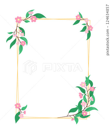 Vertical rectangular floral frame with elegant gold geometric lines and pink flowers isolated on white background. Decorative blossom design element for invitations, greeting card. vector illustration 124634857