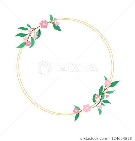 Round floral frame with elegant gold geometric lines and pink flowers isolated on white background. Decorative blossom design element for invitations, greeting cards. Botanical vector illustration 124634858