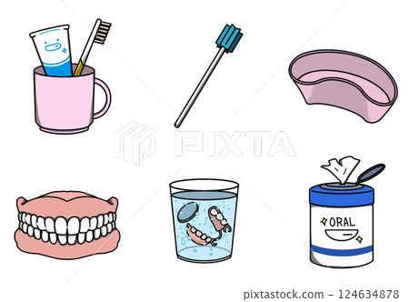Oral care illustration set (toothbrush, dentures, etc.) 124634878
