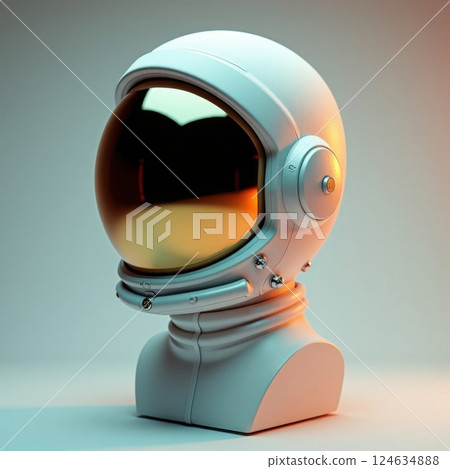 Futuristic white space helmet with gold visor in soft lighting 124634888