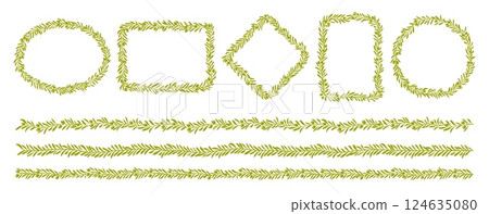 Olive frames, green dividers and borders with leaves and tree branches. Vector olive tree branches wreaths and plant vines garlands with green leaves and fruits. Greek vegetable oil plant frames set Olive frames, green dividers and borders with leaves and tree branches. Vector olive tree branches wreaths and plant vines garlands with green leaves and fruits. Greek vegetable oil plant frames set 124635080