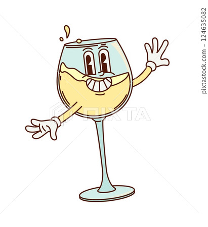 Cartoon groovy wineglass character with funny face and smile, vector comic personage. Groovy white wine glass with happy booze smile and cheers splashes for kitchen glassware retro cartoon character 124635082