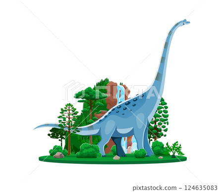 Dinosaur, cartoon prehistoric lizard of Titanosauria species, vector dino animal. Titanosaur dinosaur or giant reptile lizard of Triassic or Jurassic era in jungle forest park for kids paleontology 124635083