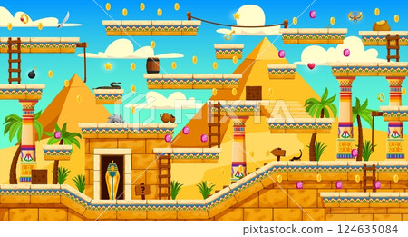 2D arcade game with Egyptian pyramids and level map, vector interface. Ancient Egypt game platforms and stone stairs with coins bonus and trap snares for Pharaoh arcade game level and GUI map template 124635084