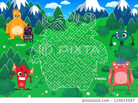 Labyrinth maze game with funny cartoon monster characters. Vector worksheet shaped like a large monster, challenges players to find the correct path from start to finish navigating through obstacles Labyrinth maze game with funny cartoon monster characters. Vector worksheet shaped like a large monster, challenges players to find the correct path from start to finish navigating through obstacles 124635087
