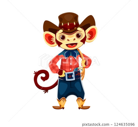 Cartoon ape wild west animal cowboy and sheriff, ranger and bandit character dressed in cowboy hat, blue bandana, vest and belt with holsters. Vector western funny monkey personage with confident pose 124635096