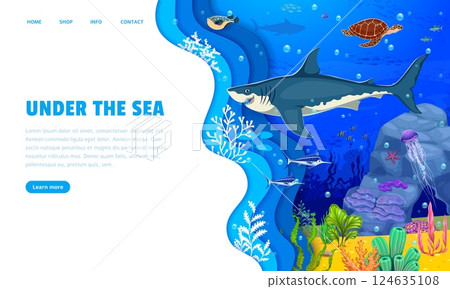Paper cut landing page with underwater landscape and sea animals, vector webpage template. Ocean undersea or sea underwater landing page or webpage template with cartoon shark, turtle and fishes 124635108
