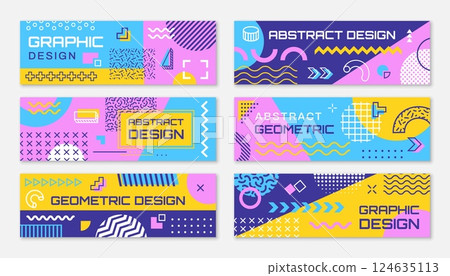 Modern banners with abstract geometric memphis shapes pattern. Vector horizontal banners with trendy line art graphic shapes background. Color circles, squares and triangles memphis patterns set 124635113