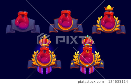 Boxing sport game rank badge, level medal emblems featuring red boxing gloves adorned with crowns, laurel wreaths and banners. Cartoon vector icons represent championship, victory, tournament rankings 124635114