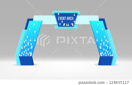 Event arch gate entrance, realistic 3d vector modern exhibition gateway. Blue architectural arc with geometric patterns and central signage area. Entry for conferences, exhibitions or corporate events 124635117