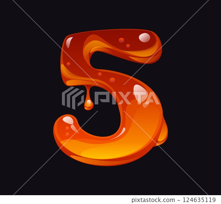 Flowing honey cartoon font digit 5 five. Liquid honey mathematics type digit, yellow caramel cartoon vector math typeface figure. Tasty amber alphabet typeface number or ABC font numeral symbol 124635119