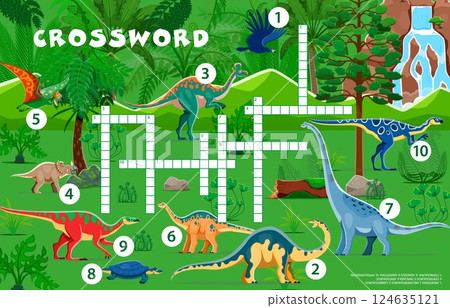 Crossword quiz game grid of prehistoric dinosaurs characters, vector worksheet. Dino animals word puzzle quiz with cartoon titanosauria, tapejara and centrosaurus. Jurassic dinosaurs crossword game 124635121