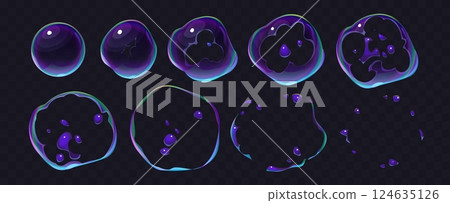 Transparent soap bubble explosion burst effect animated sprite sheet, vector 3D. Soap bubble break explosion with splash and droplets for animation sequence sprite sheet with realistic effect Transparent soap bubble explosion burst effect animated sprite sheet, vector 3D. Soap bubble break explosion with splash and droplets for animation sequence sprite sheet with realistic effect 124635126