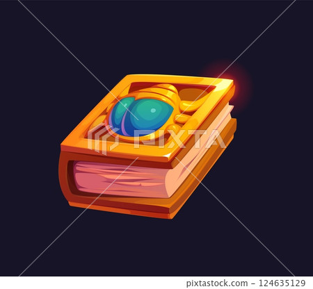 Mystical ancient book with a golden cover adorned with an ornate scarab gemstone, glowing with an enigmatic aura. Cartoon Egypt game icon, artifact, treasure asset evokes mythology, secrecy and wisdom Mystical ancient book with a golden cover adorned with an ornate scarab gemstone, glowing with an enigmatic aura. Cartoon Egypt game icon, artifact, treasure asset evokes mythology, secrecy and wisdom 124635129