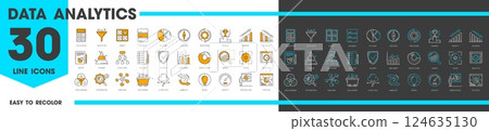 Data analytics and analysis line icons with charts and diagrams, vector symbols set. Data analysis icons for business research, digital market analysis on performance or optimization report pictograms 124635130