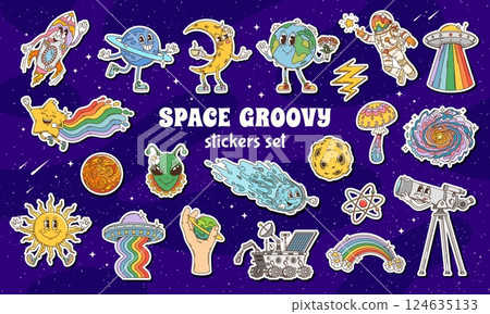 Cartoon groovy space stickers pack. Vector celestial bodies, planets, ufo, alien, astronaut and psychedelic rainbows, shooting star, rover and atom symbol at cosmic background with retro y2k aesthetic 124635133