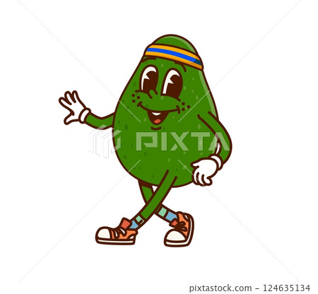 Cartoon groovy avocado character. Vector tropical Mexican fruit or vegetable personage dressed as a runner, wearing headband and sneakers embodying fitness, fun, and a healthy lifestyle with y2k vibe Cartoon groovy avocado character. Vector tropical Mexican fruit or vegetable personage dressed as a runner, wearing headband and sneakers embodying fitness, fun, and a healthy lifestyle with y2k vibe 124635134