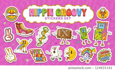 Cartoon groovy characters stickers pack. Vector psychedelic patches featuring hippie inspired smile face, peace sign, sneaker, vintage electronics, rainbow and trippy typography with retro aesthetic 124635142