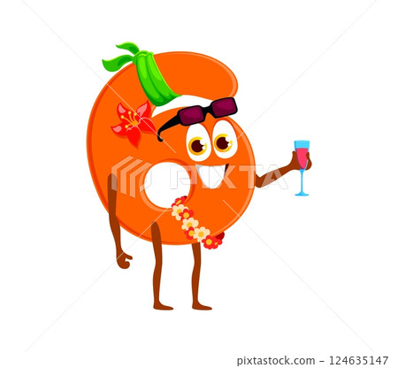 Cartoon math number and digit six character on summer vacation. Isolated vector cheerful 6 numeric personage enjoys holiday, sipping a cocktail on sandy beach with a cheerful demeanor and sunglasses 124635147