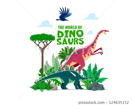 Prehistoric dinosaurs banner. Vector vibrant and playful dino world storybook or atlas cover with cartoon reptiles at lush greenery landscape with colorful fun typography, stones, ferns and trees Prehistoric dinosaurs banner. Vector vibrant and playful dino world storybook or atlas cover with cartoon reptiles at lush greenery landscape with colorful fun typography, stones, ferns and trees 124635152